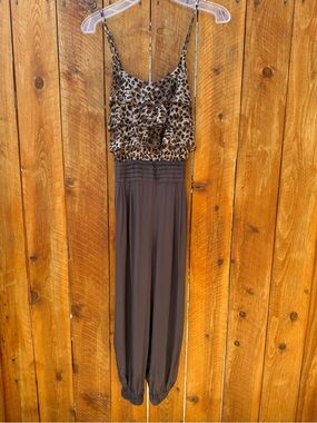 INTRO Leopard Print Ruffle Bodice with Pleated Waist Jumpsuit in Brown - Small
